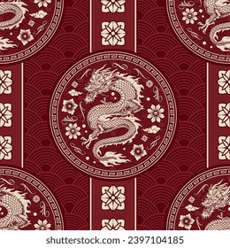 Chinese dragon colorful seamless pattern fantastic predator among flowers for design clothing and interior items in Asian style vector illustration