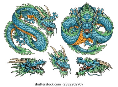 Chinese dragon colorful set logotypes with azure snake with evil grin and horns taking different poses before attacking vector illustration