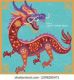 Chinese dragon in colprful paper cut art style. dragon. 2024  vector illustration. Chineses Year of the Dragon card or banner Template