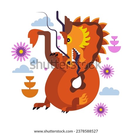 Chinese dragon creature, isolated mythological mascot or beast with fearsome facial expression. Reptile with claws and tail. Scary monster with flowers and floral design. Vector in flat style
