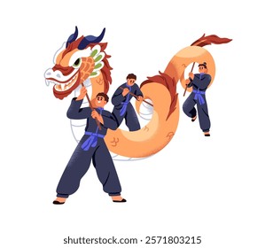 Chinese dragon dance performance. Carrying symbol puppet for Lunar New Year celebration in China. Street performers in Asian festival parade. Flat vector illustration isolated on white background