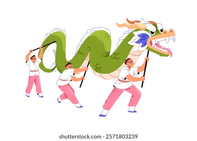 Chinese dragon dance performance for Lunar New Year. Asian traditional celebration with symbol puppet. Street performers at holiday festival. Flat vector illustration isolated on white background