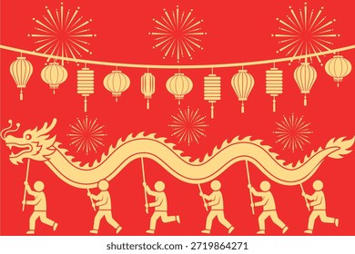 Actuación de danza del dragón chino con personas y linternas sobre fondo rojo durante la Ilustración vectorial de celebración del festival