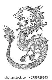 Chinese dragon doodle coloring book page. Antistress for adult. Zentangle style. Chinese symbol of the year the dragon in the eastern horoscope. Black and white illustration