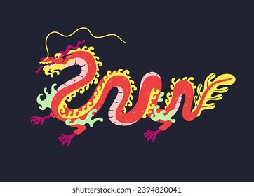 Chinese dragon. Eastern Asian myth monster. Traditional oriental lunar year animal with twisted tail. Fairytale fantasy orient symbol. China mascot, mythology lizard. Isolated flat vector illustration