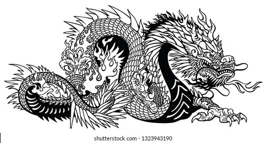 Chinese dragon. Eastern or Asian symbolic mythological creature. Side view. Black and white tattoo style vector illustration