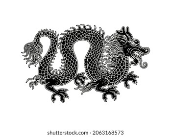 Chinese dragon engraving black image, cartoon vector illustration isolated on white background. Asian traditional ancient dragon mascot or symbol in black and white.