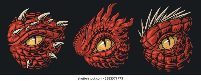 Chinese dragon eyes set labels colorful with fragment lizard from traditional asian fairy tales with scales around pupil vector illustration