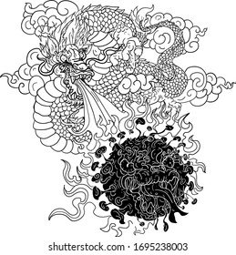 Chinese Dragon fighting with Corona virus monster.Hand drawn and illustration design for tattoo.Dragon spewing fire power to Covid-19