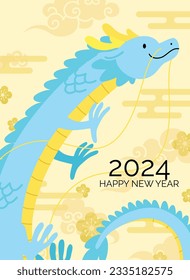 Dragón chino volando en las nubes tradicionales asiáticas, vector de plantilla de tarjetas de año nuevo. Deseando un feliz año nuevo lunar en Asia, la tarjeta de saludos del año del dragón 2024.