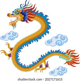 Chinese Dragon Flying Over Clouds Isolated On White Background Illustration