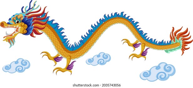 Chinese Dragon Flying Over Clouds Isolated On White Background Illustration