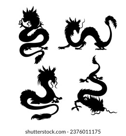 Chinese dragon four silhouettes in different poses. Isolate on a white background. Vector illustration.