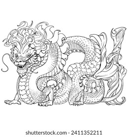 Chinese Dragon full body drawing. Zodiac symbol of the New Year 2024. Dragon body curved to form 2024. Hand-drawn line drawing isolated on a white background.