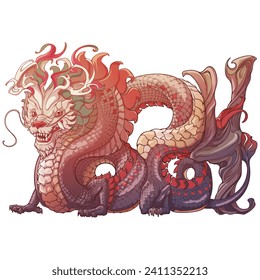 Chinese Dragon full body drawing. Zodiac symbol of the New Year 2024. Dragon body curved to form 2024. Hand-drawn line drawing coloured and isolated on a white background.