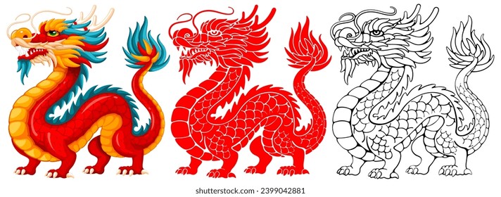 Chinese dragon funny vivid characters set, red, turquoise, yellow colors, cartoon style, silhouette and sketch. Symbol of 2024 Chinese New Year, year of the dragon by lunar calendar. Vector