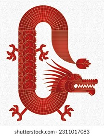 Chinese dragon. Geometric shapes, modern geometry design. Luxury Red dragon. Zodiac sign. Sacred animal. Bauhaus tile motif. Triangle and square lines art flat vector illustration.