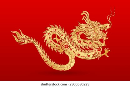 Chinese dragon gold zodiac sign isolated on red background for card design print media or festival. Vector Illustration. China lunar calendar animal happy new year.