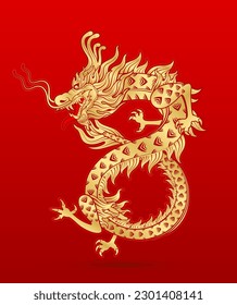 Signo de zodiaco de oro del dragón chino número 8 infinito aislado en el fondo rojo para el diseño de tarjetas medios impresos o festival. Año nuevo feliz de los animales con calendario lunar de China. Ilustración vectorial.