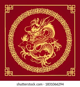 Chinese Dragon in Golden Circle on Red background. Vector illustration.