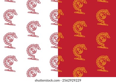 chinese dragon gong musical instrument doodle seamless pattern background set for packaging. retro gong bell background. engraving dragon gong wallpaper. pattern background with dragon gong festival.