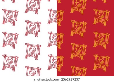 chinese dragon gong musical instrument doodle seamless pattern background set for packaging. engraving dragon gong wallpaper. pattern background with dragon gong festival. retro gong bell background.