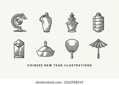 chinese dragon gong, pottery, pagoda, lantern, envelope, hat, handle fan, umbrella doodle line art style illustration element designs collection for chinese lunar new year merchandise and decoration