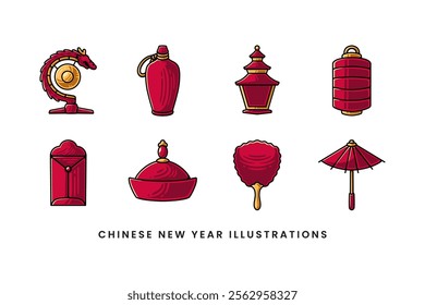 chinese dragon gong, pottery, pagoda, lantern, envelope, hat, handle fan, umbrella colorful style illustration element designs collection for chinese lunar new year merchandise and decoration