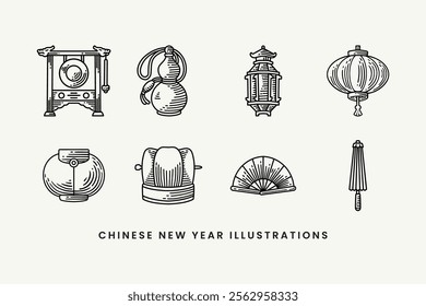 chinese dragon gong, water jar, pagoda, lantern, packet, cap, folding fan, umbrella doodle line art style illustration element designs collection for chinese lunar new year merchandise and decoration