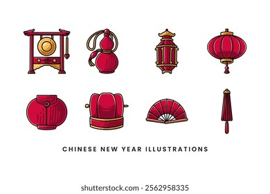 chinese dragon gong, water jar, pagoda, lantern, packet, cap, folding fan, umbrella colorful style illustration element designs collection for chinese lunar new year merchandise and decoration