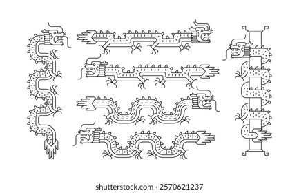 Chinese dragon graphic set designed with thin lines. Graphic elements for Chinese New Year festival.