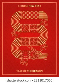 Chinese dragon greeting card. Geometric shapes, modern geometry design. Luxury Red dragon. Zodiac sign. Sacred animal. Bauhaus tile motif. Triangle and square lines art flat vector illustration.