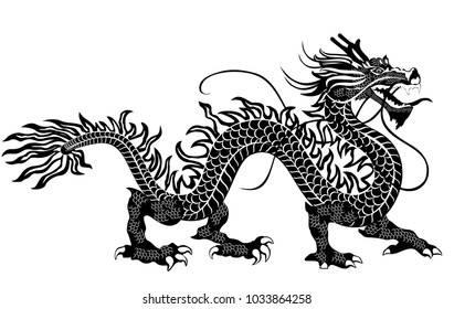 Chinese Dragon. Hand Drawn Vector Detailed Silhouette.