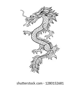 Chinese dragon hand drawn vector illustration. Mythical creature ink pen sketch. Black and white clipart. Serpent freehand drawing. Isolated monochrome mythic design element. Chinese new year poster