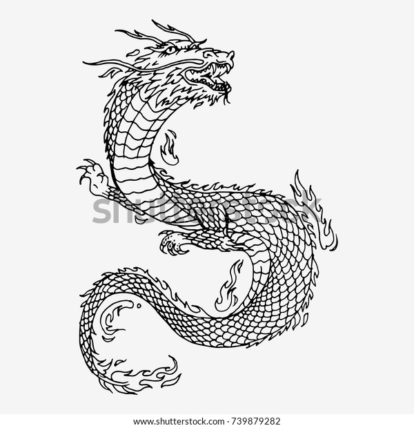 中国のドラゴン 手描きのベクトルスケッチイラスト 白黒の絵 のベクター画像素材 ロイヤリティフリー