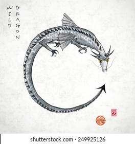 Chinese dragon hand-drawn with ink on textured rice paper. Symbol of wisdom, longevity and power. Sealed with decorative stamps.