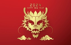 Chinese Dragon Head Gold Paper Cut Style For Year Of The Dragon 2024 Banner Design Vector.