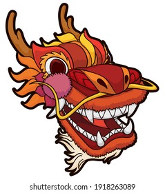 Chinese dragon head in red color, beard, horns and long whiskers with bold outline, isolated over white background.