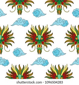 Chinese dragon head seamless pattern. Vecorwallpaper of chinese eastern calendar symbol, tattoo, textile print isolated on white background.