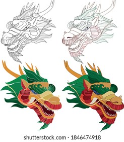 Chinese Dragon Head Set With Black Line, Colored Outline, Color Object. Sketch, Tattoo, Logo. vector isolated objects on white background.
