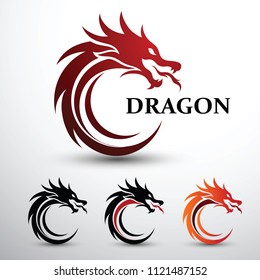 Chinese dragon head silhouette flat color logo design, vector illustration