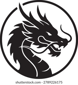 Chinese dragon head silhouette vector icon, black solid asian fantasy monster emblem for lunar new year celebration, traditional culture layout.