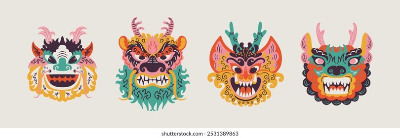 Chinese dragon heads, lunar new year. Bright traditional animal symbol of lunar year. Zodiac dragon with bonds, Asian mythical animal in cartoon doodle style.