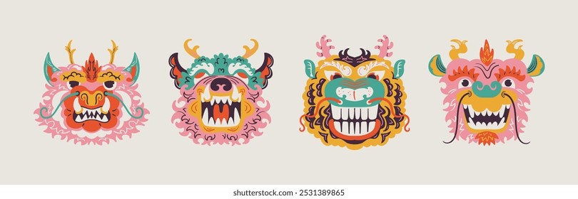 Chinese dragon heads, lunar new year. Bright traditional animal symbol of lunar year. Zodiac dragon with bonds, Asian mythical animal in cartoon doodle style.