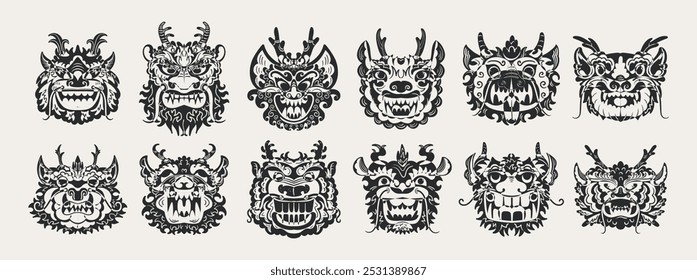 Chinese dragon heads, lunar new year. Bright traditional animal symbol of lunar year. Zodiac dragon with bonds, Asian mythical animal in cartoon doodle style.