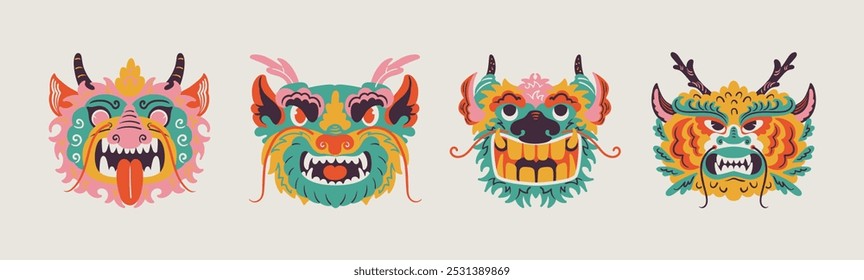 Chinese dragon heads, lunar new year. Bright traditional animal symbol of lunar year. Zodiac dragon with bonds, Asian mythical animal in cartoon doodle style.