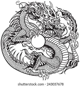 chinese dragon holding pearl , black and white tattoo illustration 