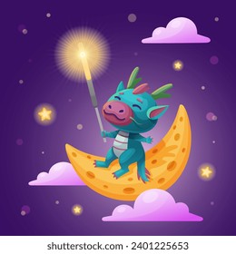 Chinese Dragon holding sparkler sits on the moon in the night sky. Cute cartoon green dragon. Symbol of 2024 year. Chinese lunar calendar, horoscope. New year postcard.