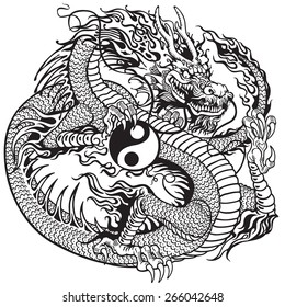 chinese dragon holding yin yang symbol , black and white tattoo illustration