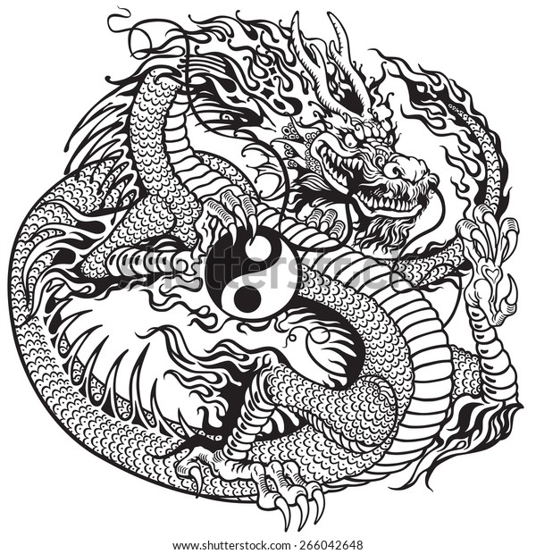陰陽記号を持つ中国の龍 白黒の入れ墨イラスト のベクター画像素材 ロイヤリティフリー